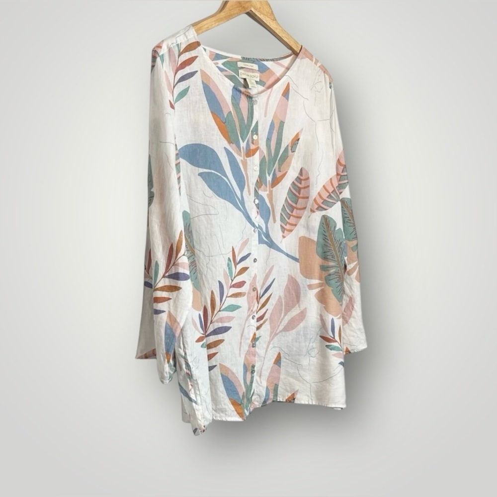 Cynthia Rowley Linen Floral Top Size 2X Roll Tab Sleeve Tunic Shell Buttons - Picture 3 of 7